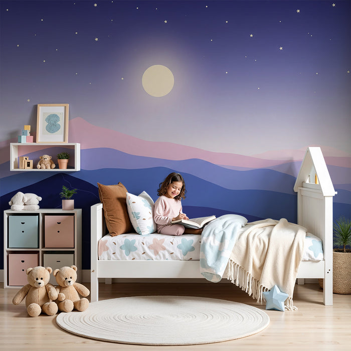 Lastenhuoneen tapetti | Yömaisema kuulla ja pastellivuoret