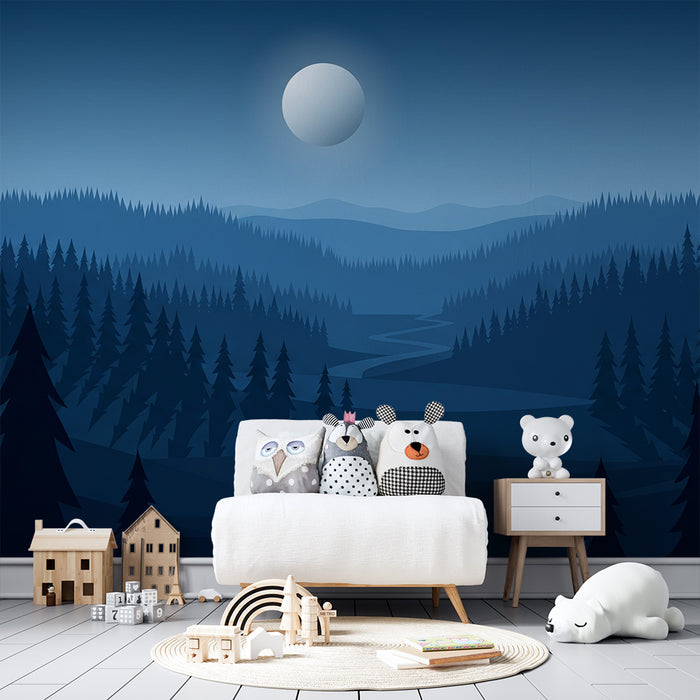 Barntapet | Nattlandskap med berg och barrskog