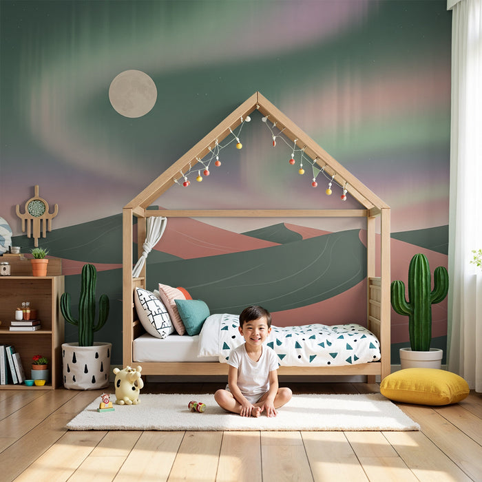 Gyermekszoba tapéta | Álomszerű táj dűnékkel és északi fényekkel