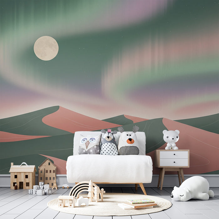 Gyermekszoba tapéta | Álomszerű táj dűnékkel és északi fényekkel