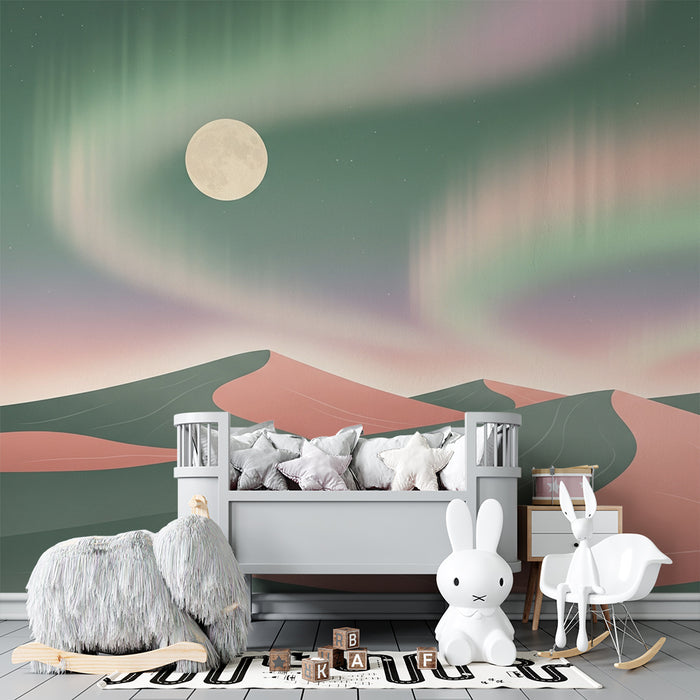 Gyermekszoba tapéta | Álomszerű táj dűnékkel és északi fényekkel