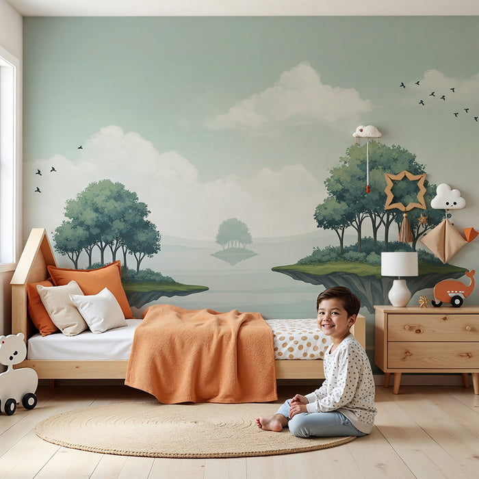 Papel pintado infantil | Paisaje de ensueño con islas flotantes y árboles