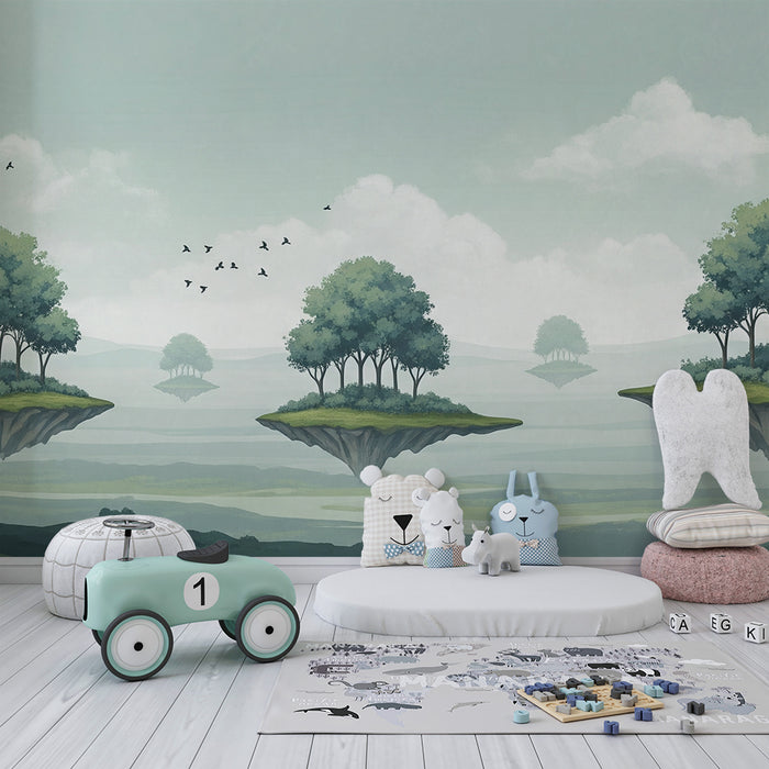 Papel pintado infantil | Paisaje de ensueño con islas flotantes y árboles