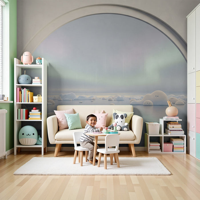 Papel de parede para quarto infantil | Paisagem onírica com nuvens sorridentes e auroras boreais