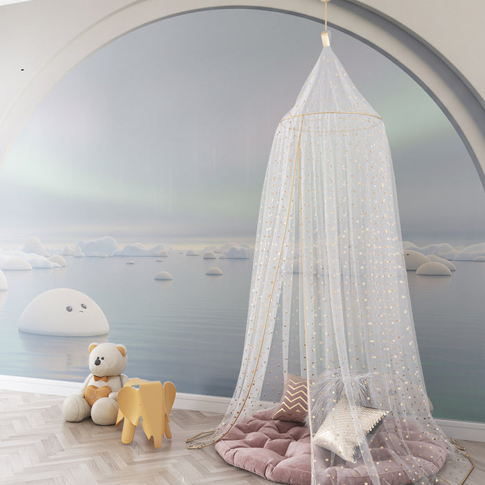 Papel de parede para quarto infantil | Paisagem onírica com nuvens sorridentes e auroras boreais