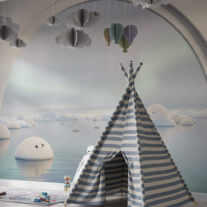 Papel de parede para quarto infantil | Paisagem onírica com nuvens sorridentes e auroras boreais