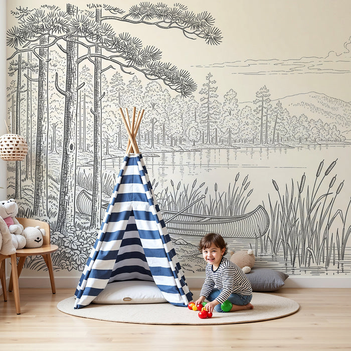 Papel de parede para quarto infantil | Paisagem tranquila à beira da água com canoa e floresta