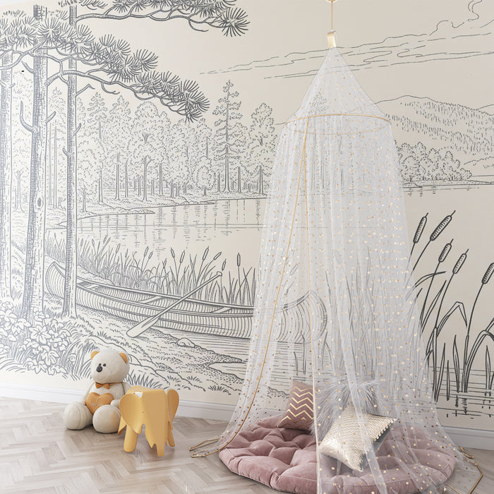 Papel de parede para quarto infantil | Paisagem tranquila à beira da água com canoa e floresta