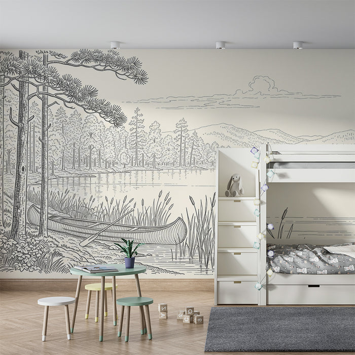 Papel de parede para quarto infantil | Paisagem tranquila à beira da água com canoa e floresta