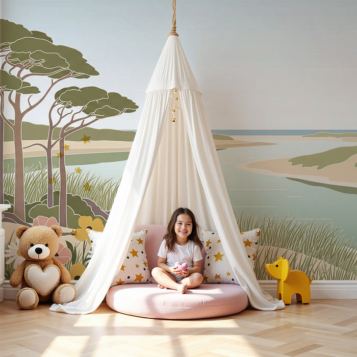 Kinderzimmer Tapete | Ruhige Landschaft mit Bäumen und bunten Blumen