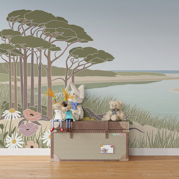 Kinderzimmer Tapete | Ruhige Landschaft mit Bäumen und bunten Blumen