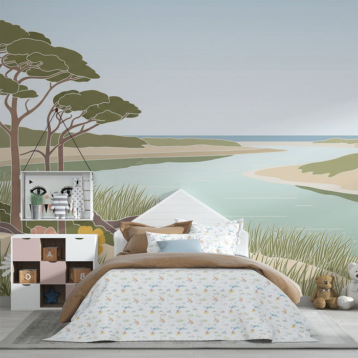 Kinderzimmer Tapete | Ruhige Landschaft mit Bäumen und bunten Blumen