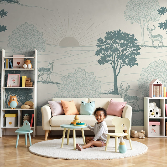 Papel de parede para quarto infantil | Paisagem tranquila com veados e árvores estilizadas