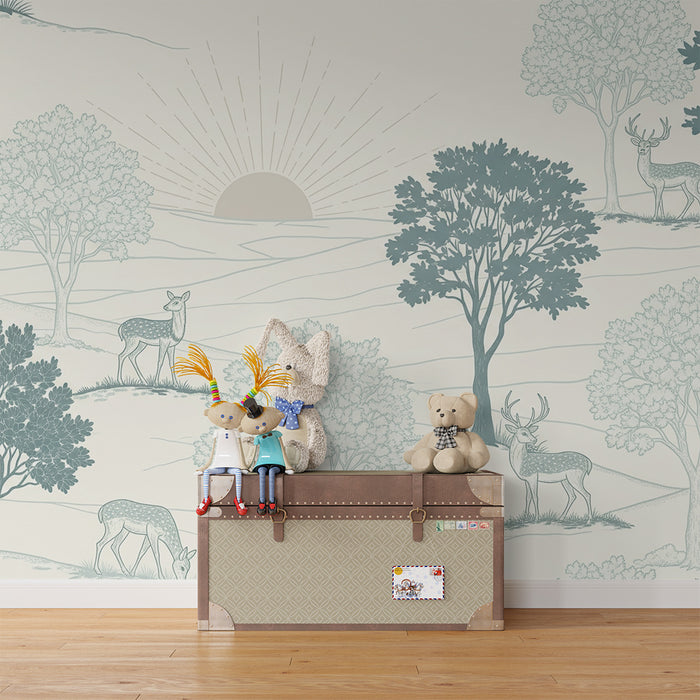 Papel de parede para quarto infantil | Paisagem tranquila com veados e árvores estilizadas