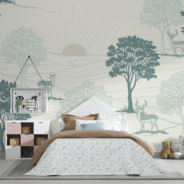 Papel de parede para quarto infantil | Paisagem tranquila com veados e árvores estilizadas