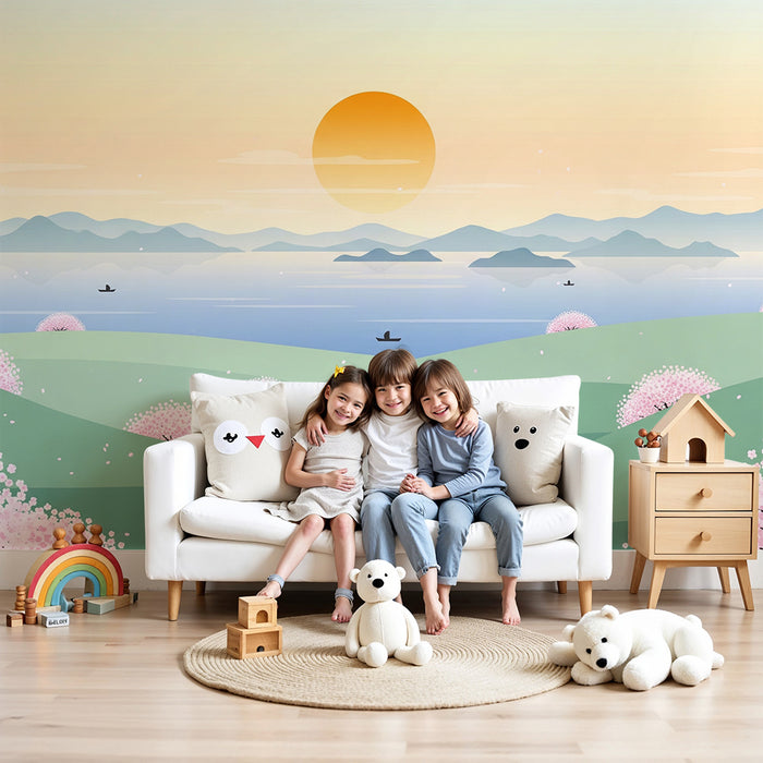 Gyermekszoba tapéta | Nyugodt táj virágzó cseresznyefákkal és naplementével