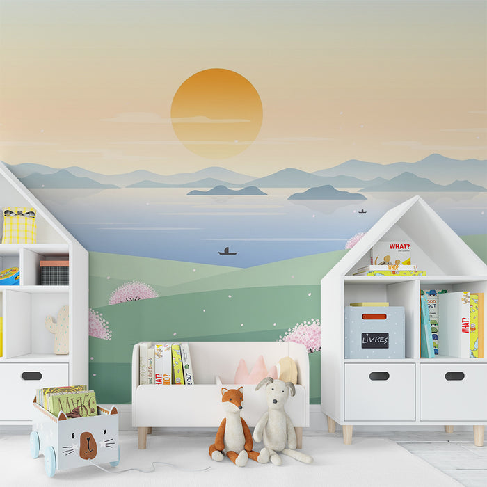 Gyermekszoba tapéta | Nyugodt táj virágzó cseresznyefákkal és naplementével