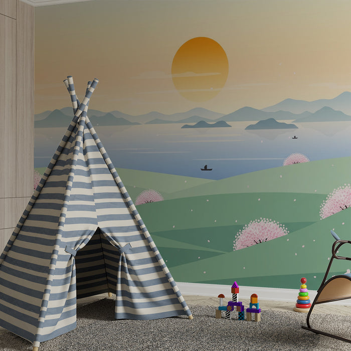 Gyermekszoba tapéta | Nyugodt táj virágzó cseresznyefákkal és naplementével