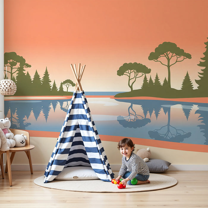 Children's bedroom wallpaper | Peaceful landscape with lake and majestic trees