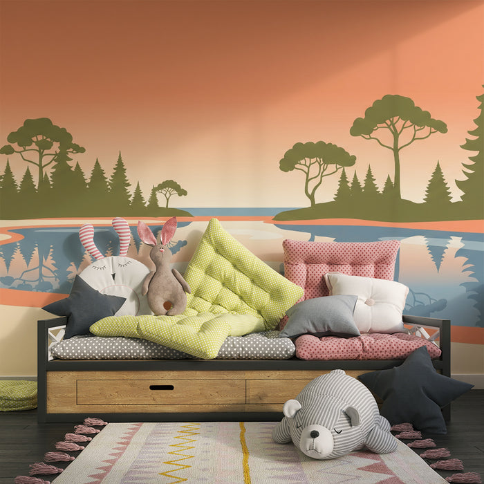 Children's bedroom wallpaper | Peaceful landscape with lake and majestic trees