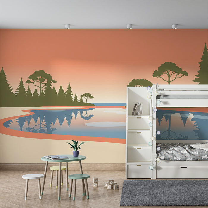 Children's bedroom wallpaper | Peaceful landscape with lake and majestic trees