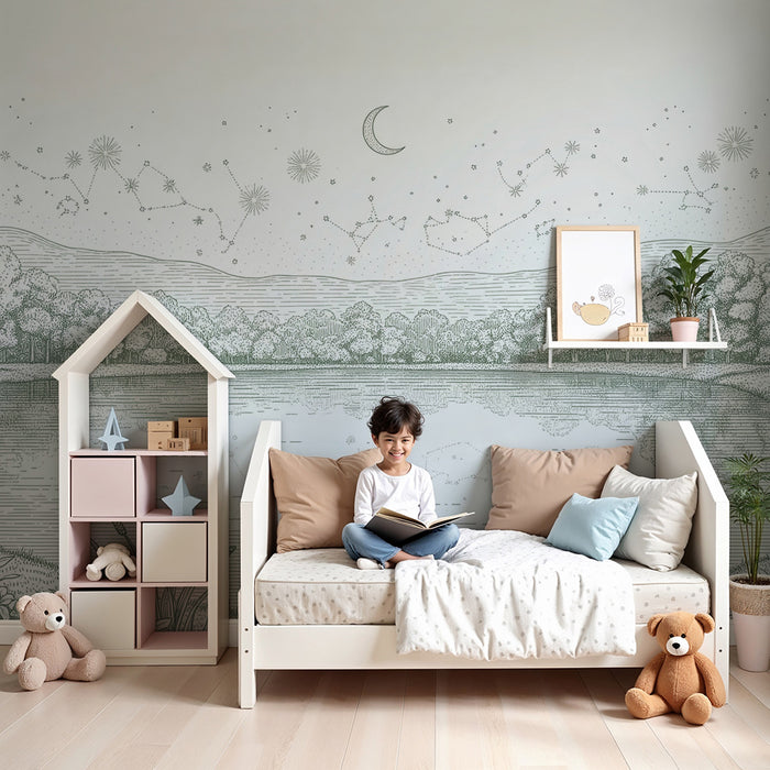 Behang kinderkamer | Rustig landschap met meer en sterrenhemel