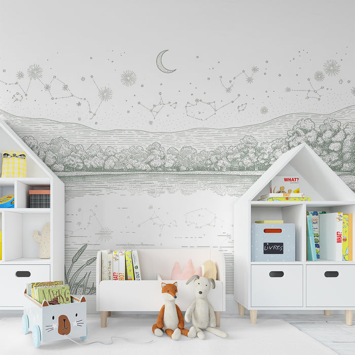 Behang kinderkamer | Rustig landschap met meer en sterrenhemel