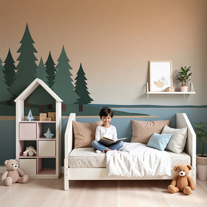 Children's bedroom wallpaper | Peaceful landscape with lake and pine trees