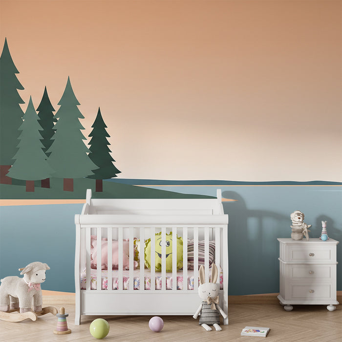 Children's bedroom wallpaper | Peaceful landscape with lake and pine trees