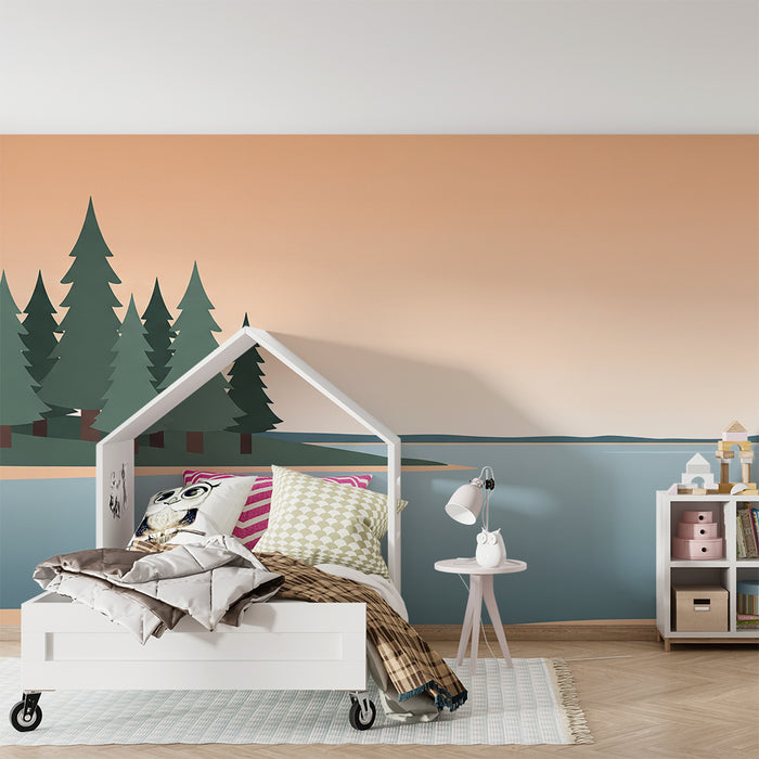 Children's bedroom wallpaper | Peaceful landscape with lake and pine trees