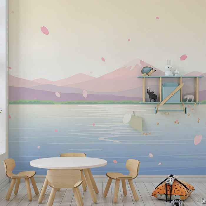 Kinderkamer behang | Rustig landschap met bergen en bloemblaadjes