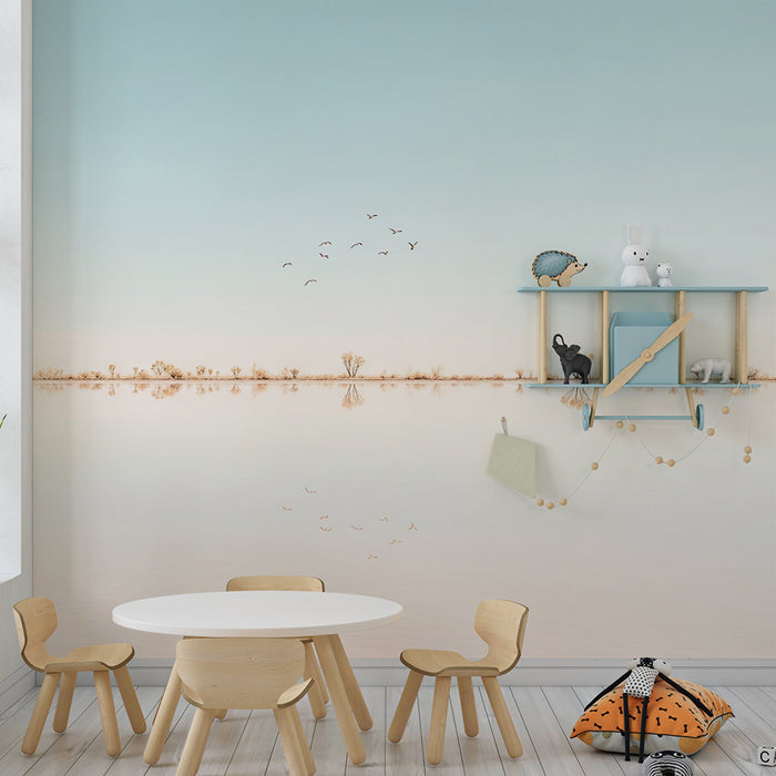 Papier peint chambre enfant | Paysage paisible avec reflets et oiseaux en vol