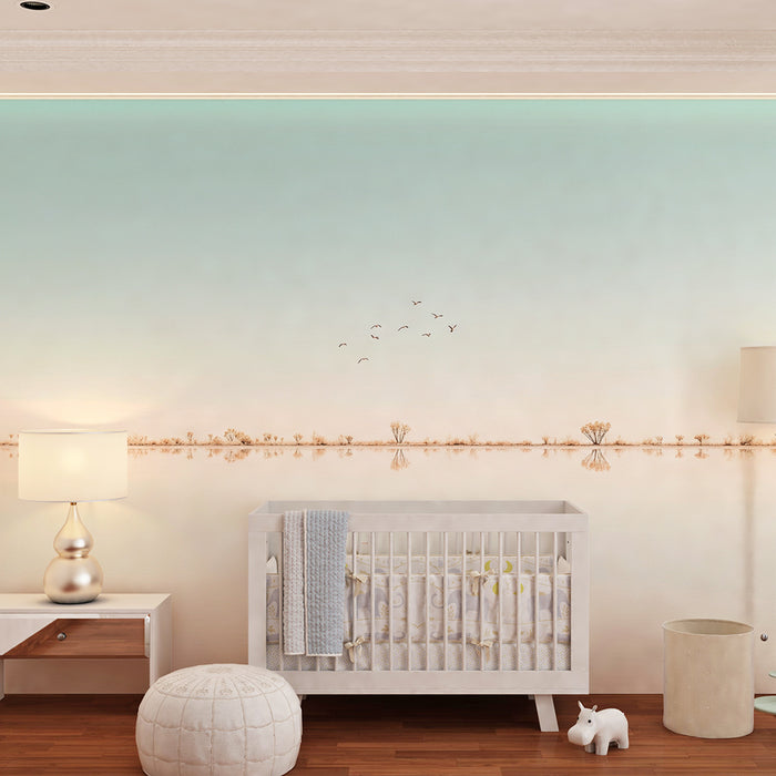 Papier peint chambre enfant | Paysage paisible avec reflets et oiseaux en vol