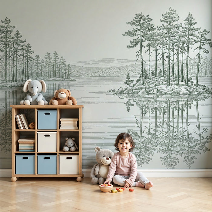 Carta da parati per camera bambini | Paesaggio tranquillo di foresta e lago con delicati riflessi