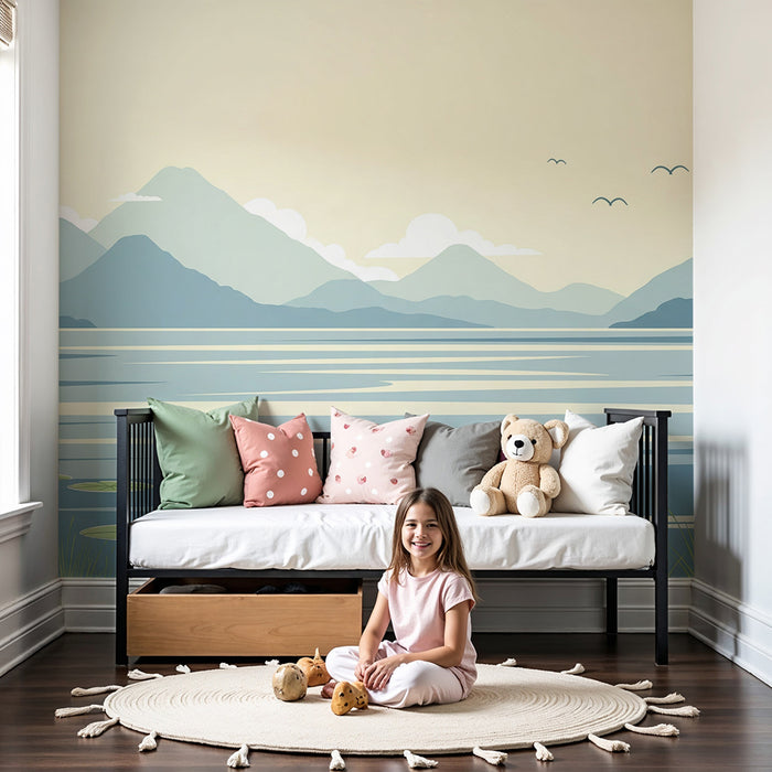 Behang kinderkamer | Rustig berg- en meerlandschap