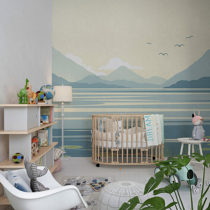 Behang kinderkamer | Rustig berg- en meerlandschap