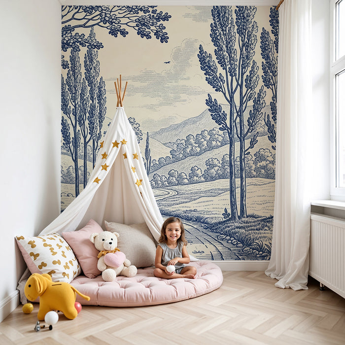 Carta da parati per camera bambini | Paesaggio pastorale con alberi e case in blu