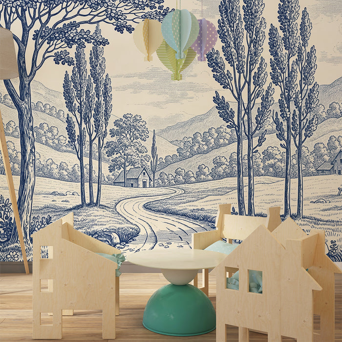 Carta da parati per camera bambini | Paesaggio pastorale con alberi e case in blu