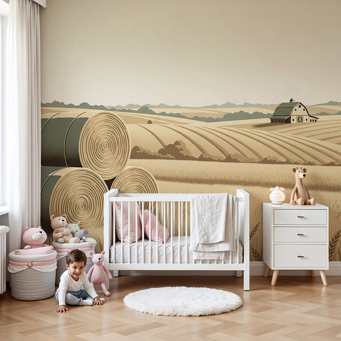 Papel pintado infantil | Paisaje pastoral con fardos de heno y granero