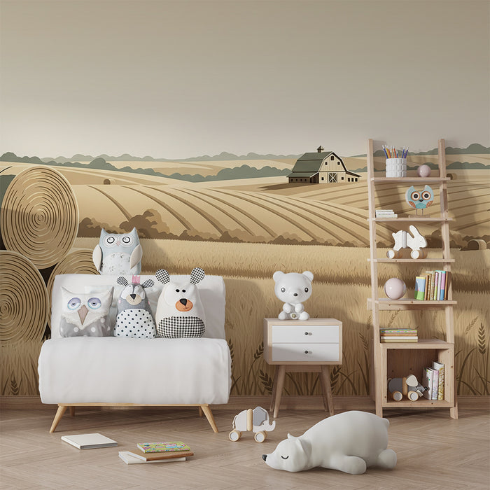 Papel pintado infantil | Paisaje pastoral con fardos de heno y granero
