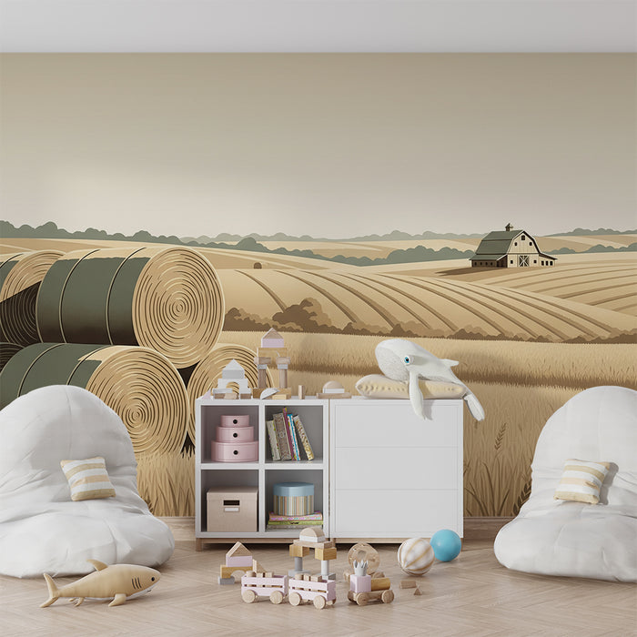 Papel pintado infantil | Paisaje pastoral con fardos de heno y granero