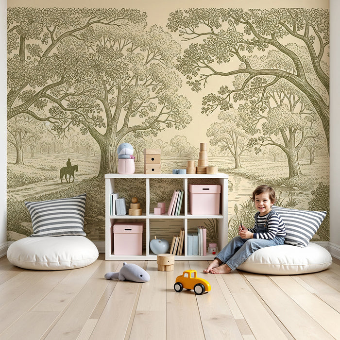 Kinderzimmer Tapete | Ländliche Landschaft mit Reiter und Bach