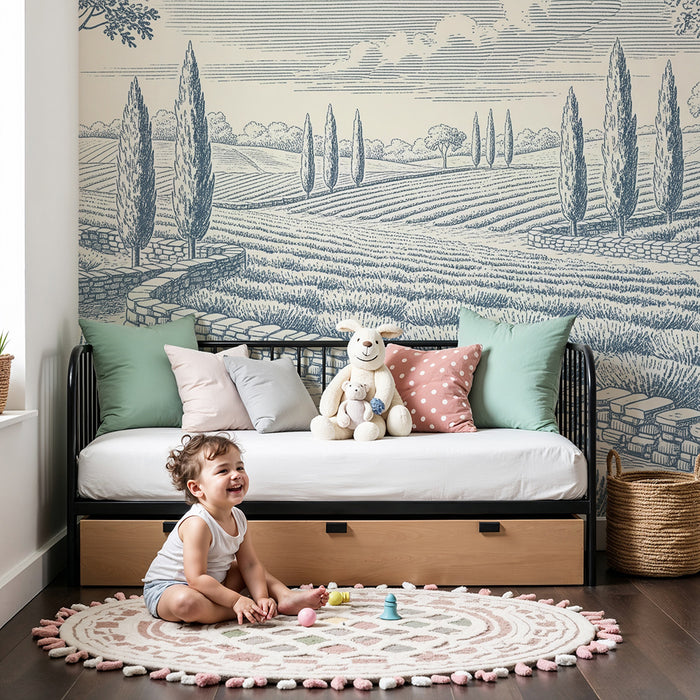 Papel pintado infantil | Paisaje pastoral con campos de lavanda y cipreses