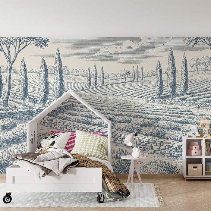 Papel pintado infantil | Paisaje pastoral con campos de lavanda y cipreses