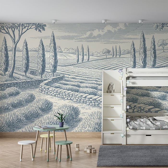 Papel pintado infantil | Paisaje pastoral con campos de lavanda y cipreses
