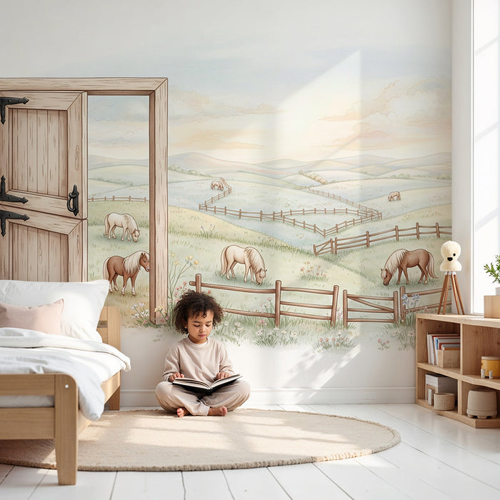Papier peint chambre enfant | Paysage pastoral avec chevaux et porte en bois