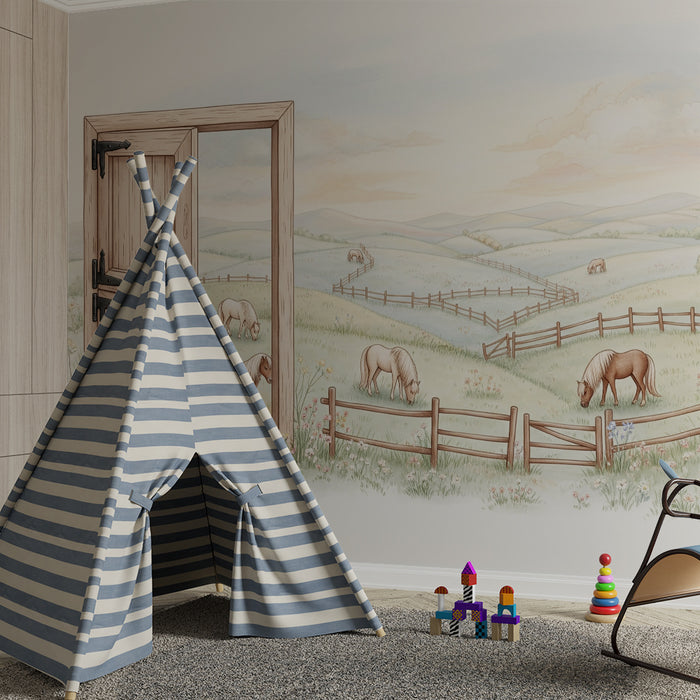 Papier peint chambre enfant | Paysage pastoral avec chevaux et porte en bois