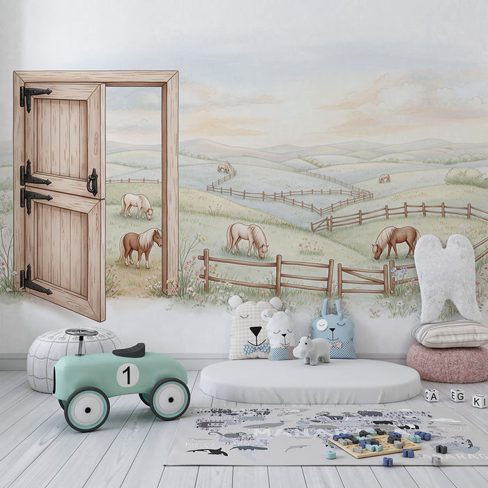 Papier peint chambre enfant | Paysage pastoral avec chevaux et porte en bois