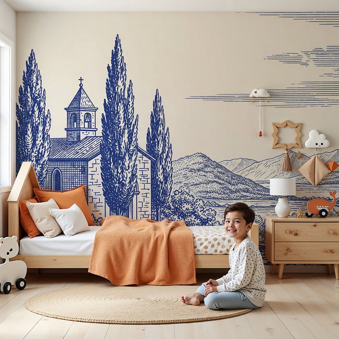 Tapete Kinderzimmer | Pastorale Landschaft mit Kirche und Bergen