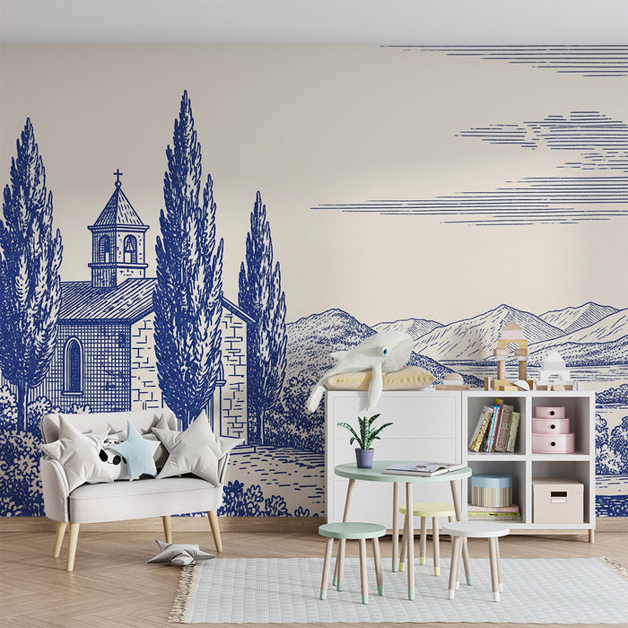 Tapete Kinderzimmer | Pastorale Landschaft mit Kirche und Bergen
